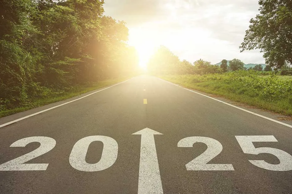 2025 with an arrow on a roadway